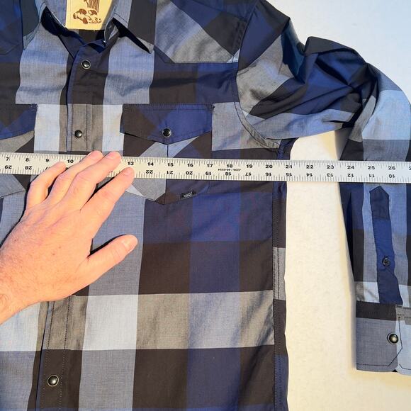 Coastal Metal Pearl Snap Button Shirt Men Medium Blue Check Pockets Surf Western - Picture 9 of 14